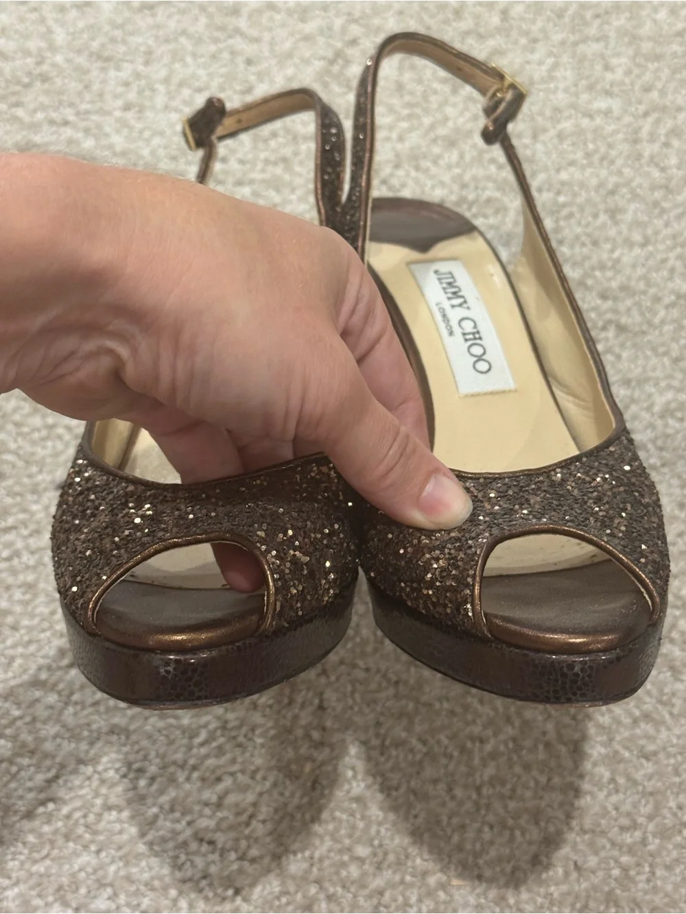 Jimmy Choo Bronze Glitter Peep-Toe Slingback Heels